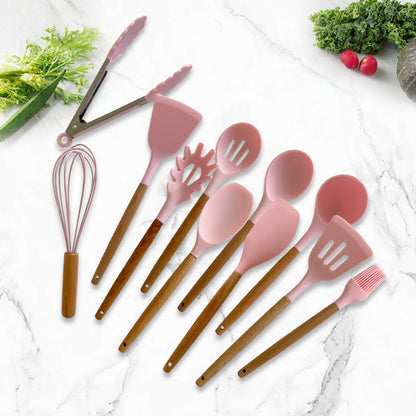 12 Pcs Silicone & Heat Resistant Spoons Set with Long Wooden Handle Kitchen Utensils Set