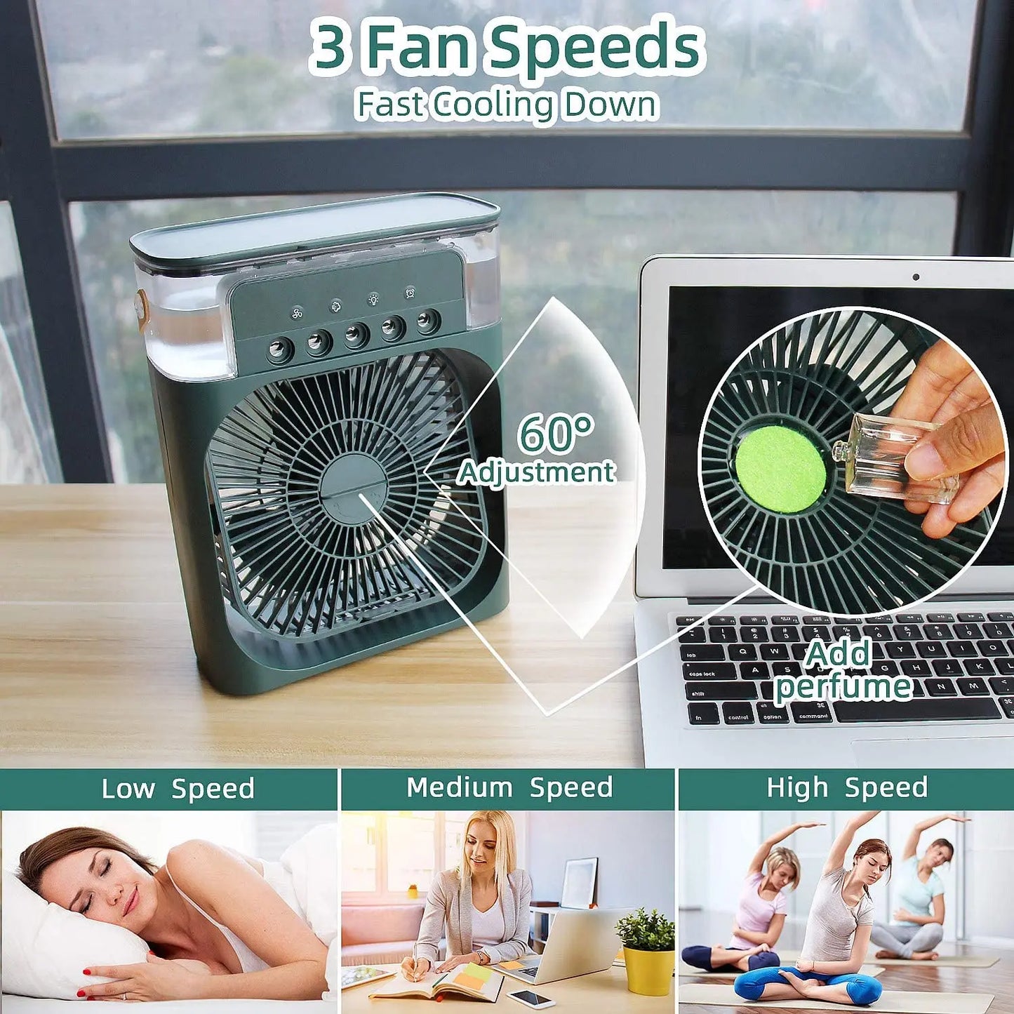 Portable Air Conditioner Fan With 3 Wind Speeds, Humidifier With LED Night Light Water Mist Fans