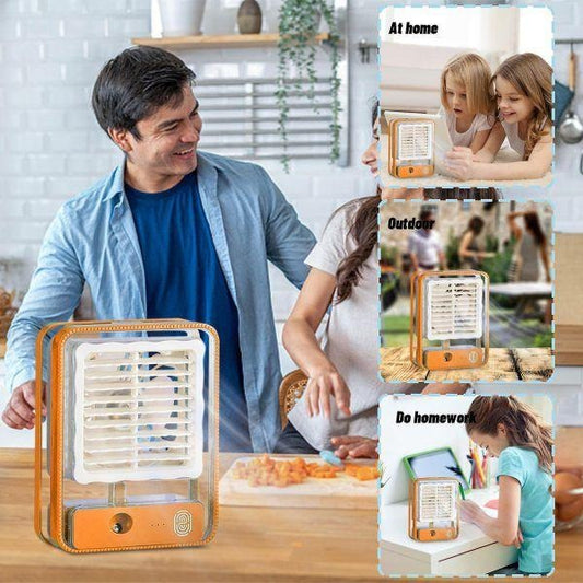 White USB-C rechargeable portable mini air conditioner on office desk