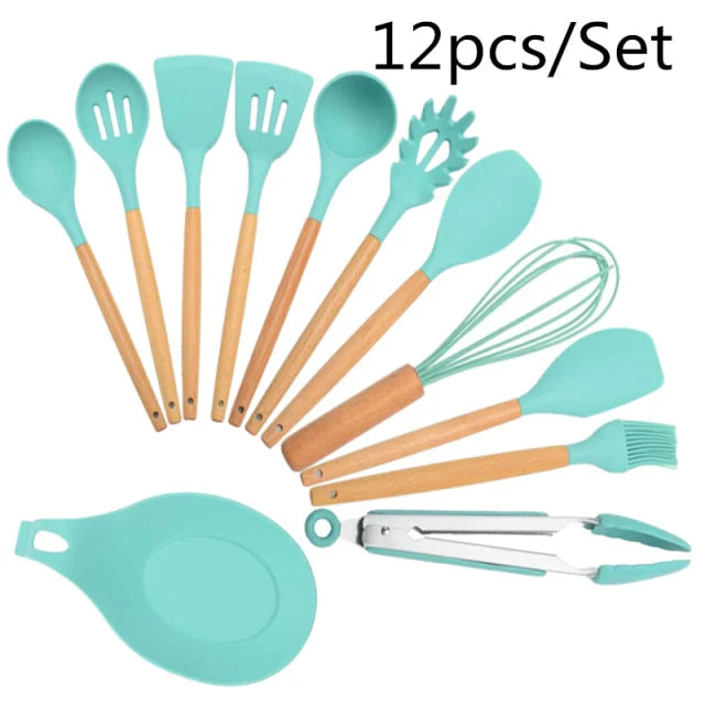 12 Pcs Silicone & Heat Resistant Spoons Set with Long Wooden Handle Kitchen Utensils Set